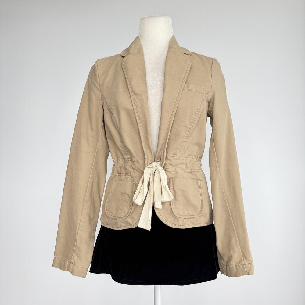 Old Navy Blazer Jacket Womens Size Small Beige Twill Tie Waist Pockets Short